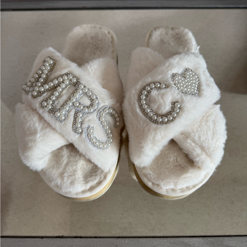 Fuzzy White Bridal Slippers